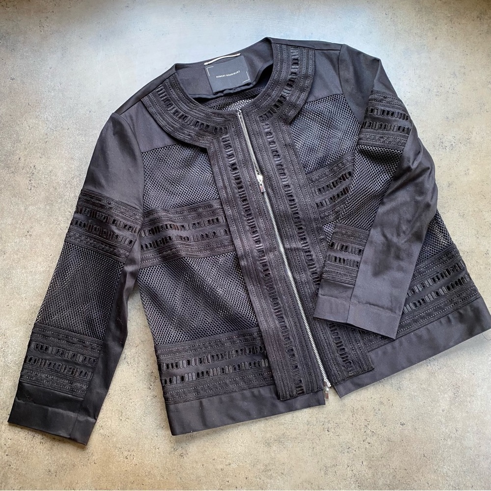 ROBERT Rodriguez Black Mesh and Lace Zip Up Bomber Jacket